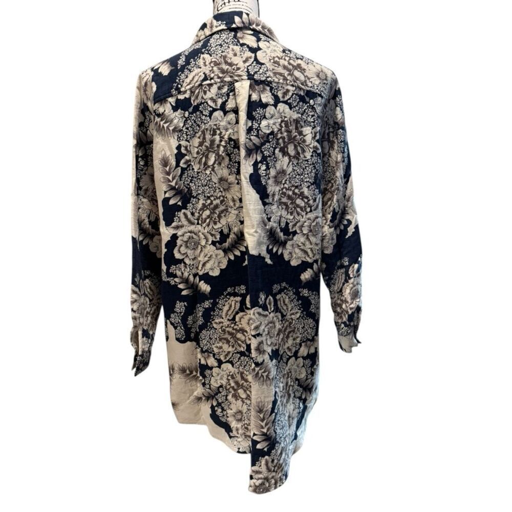 Soft Surroundings Floral Tunic Top XL Blue Cream Button Front Boho Blouse - Picture 4 of 12